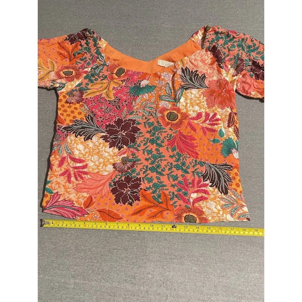 LOFT Petite Floral Puff Sleeve Crop Top XS Petite Orange Boho Cottagecore Blouse